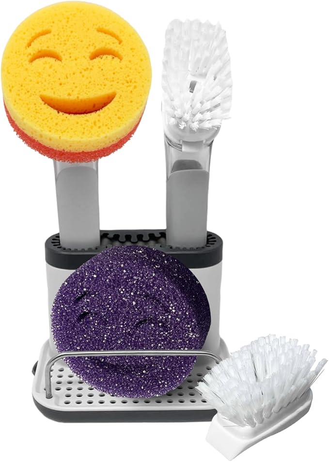 The Original Smiling Handle with Soap Dispensing for Scrub Daddy (Reg. TM) Sponge and Scrub Moji Sponge, Smile Caddy, and 2 Scrub Mojis (White/Grey Wands)