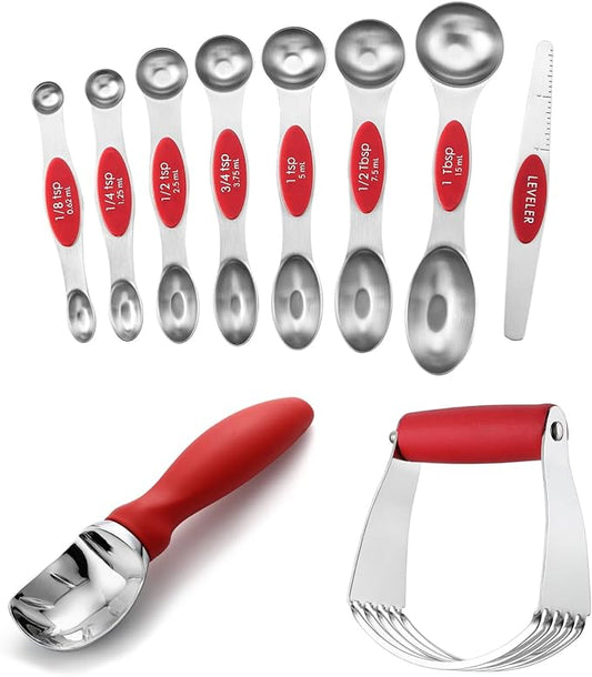 Spring Chef Dessert Bundle - Ice Cream Scoop, Medium Dough Blender, Magnetic Measuring Spoons Set - Red