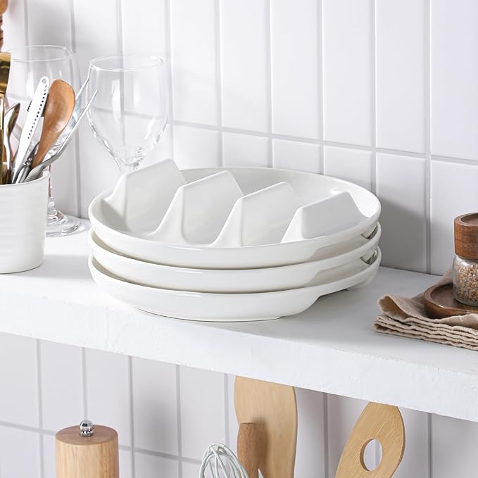 Dizada Taco Holders Set of 3-9" Porcelain Taco Plates with Dividers, Ceramic Taco Stand for Hard Soft Shells, Reusable Taco Serving Tray, Dishwasher Microwave Safe