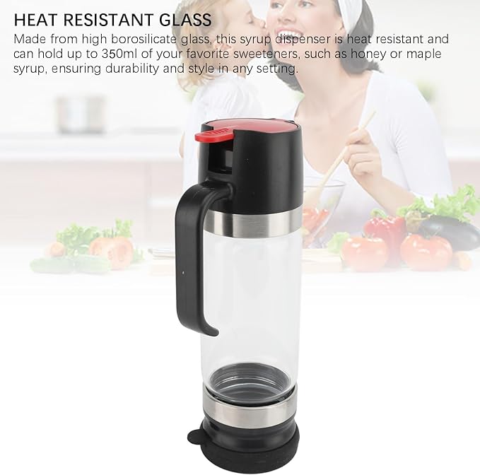 Bewinner Glass Honey Dispenser Pot - 350ml Honey Dispenser Portable Clear Glass Syrup Dispenser with Handle, Prevent Dripping,Honey Container for Coffee Shops Restaurants Home (Black)