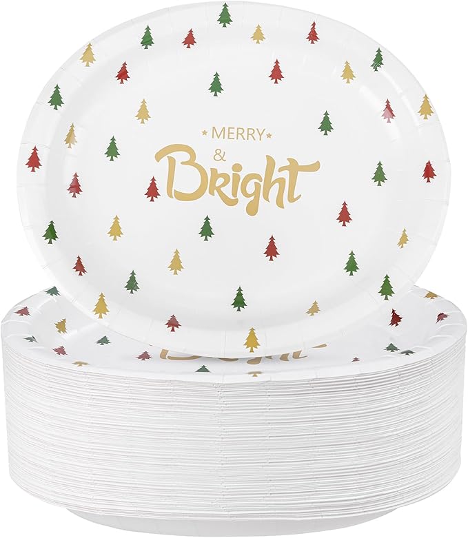 WDF 100 Pack Christmas Paper Plates - 10" x 12"Disposable Christmas Plates Disposable with Christmas Trees-Large Oval Paper Plates Heavy Duty- Party Plates for Christmas