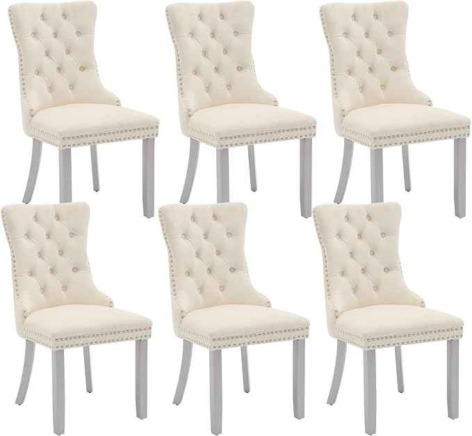 Velvet Dining Chairs Set of 6, Kitchen & Dining Room Chairs, Upholstered Dining Chairs with Back Ring Pull and Silver Solid Wood Legs, Modern Tufted Kitchen Chairs for Dining Room, Cream