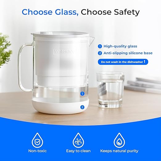 Waterdrop PT-72W Glass Water Filter Pitcher, 7-Cup, Eco-Friendly, NSF/ANSI 53, 42 & 372 Certified Filter, Reduces PFOA/PFOS, Chlorine, Cadmium, Copper & Mercury, BPA-Free, Easy to Clean, White