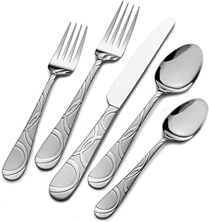 Pfaltzgraff Garland Frost Silverware Set 53-Piece, 18/0 Stainless Steel Flatware Set Service for 8 with Hostess Serving Utensils, Dishwasher Safe Cutlery Set