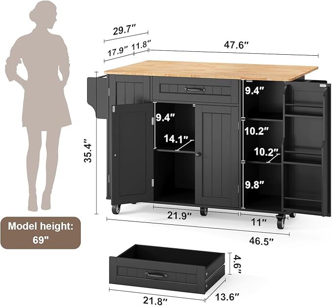 Ahomly Rolling Kitchen Island on Wheels, Kitchen Island with Storage, Kitchen Rolling Island with Spice Rack & Towel Rack, Knife Holder, Island Table for Kitchen, Black