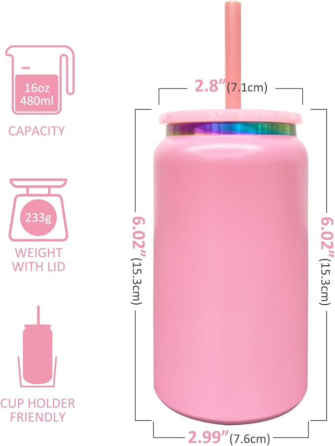 4 Pack Glass Cups with Lids and Straws, 16 oz Stainless Steel Cups, Insulated Skinny Tumbler, Powder Coated Travel Tumblers for Laser Engrave, Iced Coffee Cup for Smoothie Water DIY Gift(Pink,4 pack)