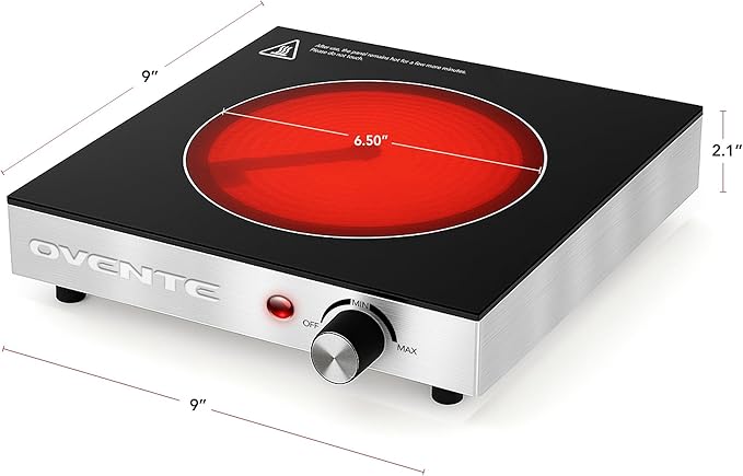 OVENTE Infrared Ceramic Single Burner, 1200W Electric Countertop Hot Plate with Black Crystalline Glass, Portable Stainless Steel Cooktop for Home, Office, or Dorm Use, Black BGI301GB