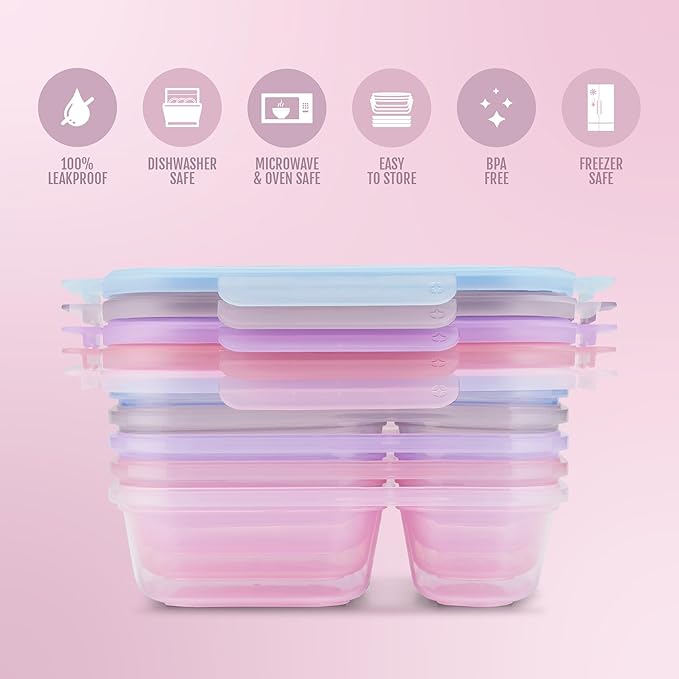 Ello Snap & Nest 10-Piece 3 Cup Plastic Divided Meal Prep Set, Reusable Food Containers for Healthy Eating, Freezer, Dishwasher Safe, Berry Fields