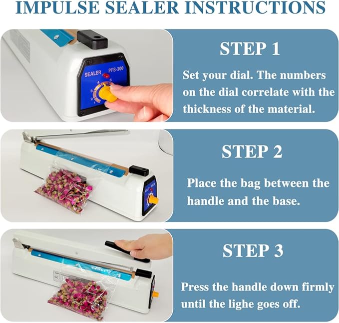 Impulse Sealer 12 inch Mylar Bag Heat Sealer, Heat Sealer for Plastic Bags, Metal Iron Shell, Impulse Sealer 3mm Sealing, Manual Hot Seal Machine with 8 Repair Kits(Included 2 Cutter Lines)