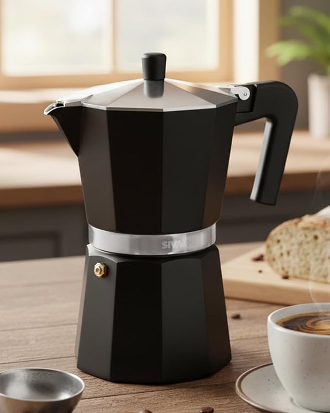 Sivaphe Aluminum Moka Pot 12 Espresso Cups, Percolator Espresso and Coffee Maker, Portable Stovetop Italian and Cuban Café Brewer for Home and Camping Black