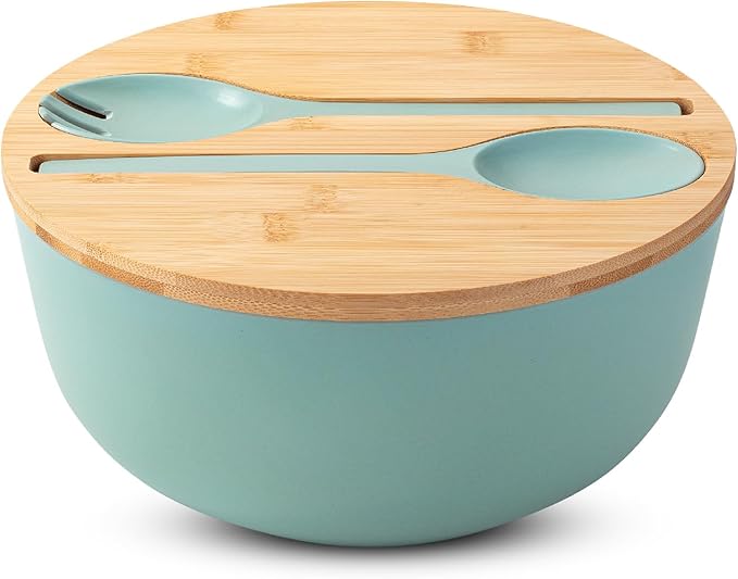 BAMBOO LAND- Large Salad Bowl with Wooden Lid, 10 Inch/108 Oz, Mint Green, Bamboo Fiber Salad Bowl with Serving Utensils, Wide Applications
