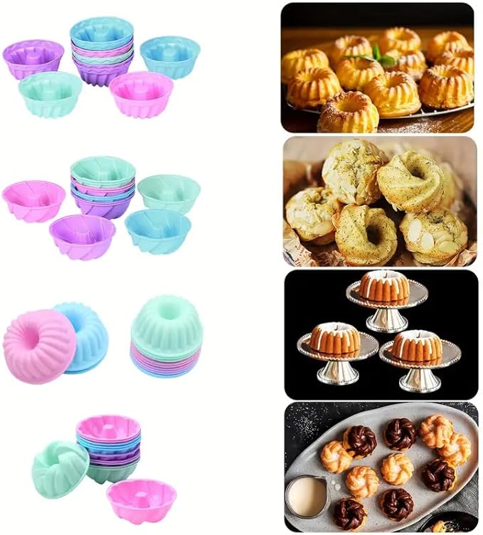 Tongjude 48 Pieces Silicone Donut Mold, 3.15" Diameter 1.37" Deep Small Reusable Baking Cups, Non-Stick, 4 Shape Silicone Molds, Heat Resistant Bakeware for Bagel, Muffin, Jello and Cake Baking