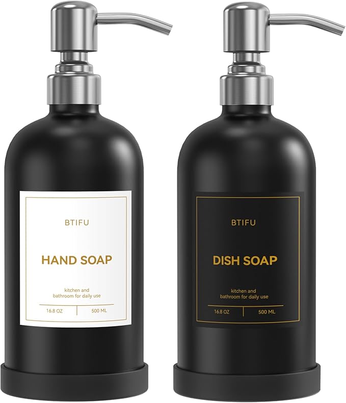 Kitchen Soap Dispenser Set – 16.8oz/500ml Glass Hand and Dish Soap Dispenser with Stainless Steel Pumps & Non-Slip Silicone Base, Luxury Countertop Decor for Home, Airbnb, Restaurant (Black & Silver)