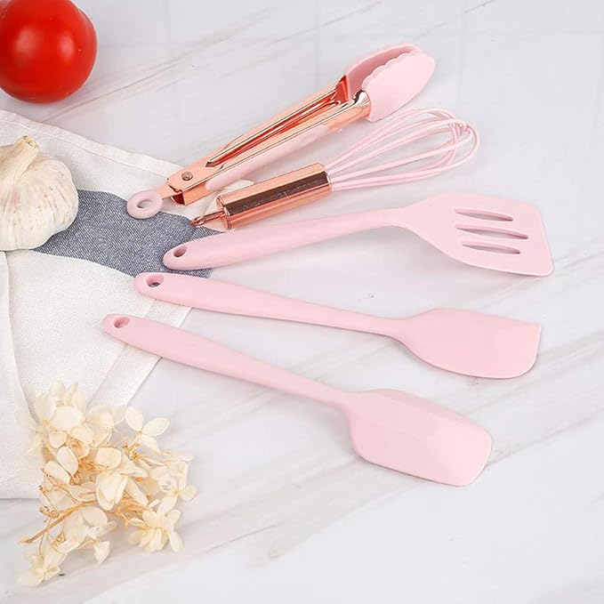 Collfa Rose Gold And Pink Kitchen Utensil Small Five-Piece Set Mini Silicone Kids Kitchen Tools Whisk Spatula Tongs Spoon And Slotted Spatula(Kids Baking Supplies)