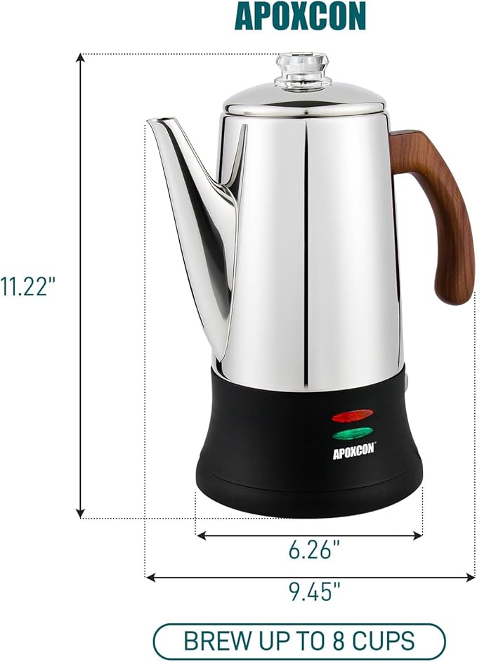 APOXCON Electric Coffee Percolator Stainless Steel Coffee Pot with Two Tough Glass Clear Brew Progress Knob & Treated Solid Wood Handle & On/OFF Switch Auto Keep Warm Cordless Serve (8 Cup)