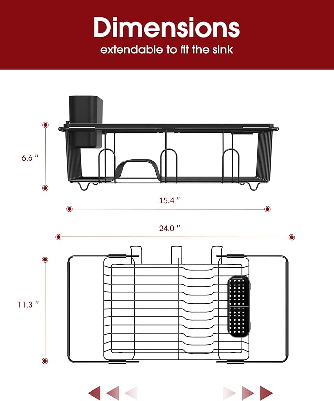 Sakugi Dish Drying Rack in Sink - Expandable Stainless Steel Dish Rack Over The Sink, Kitchen Sink Drain Strainer with Cutlery Holder & Cup Holders, 15.4 x 11.3 x 6.6 Inch, Black