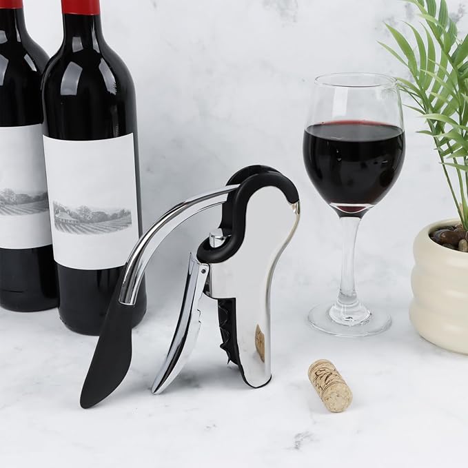 KAYCROWN Stainless Steel Wine Bottle Opener, Vertical Lever Corkscrew with Built-in Foil Cutter Design, Manual Handheld Corkscrew with Ergonomic Lever Pump