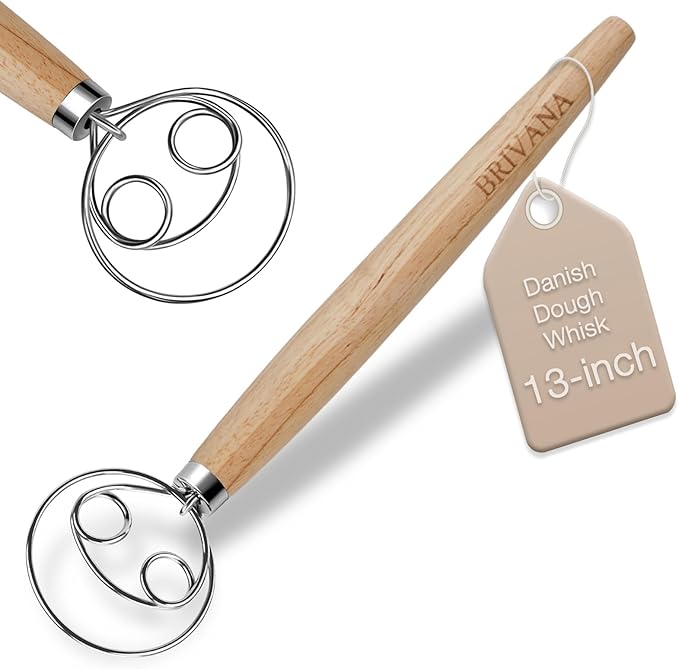 13-Inch Danish Dough Whisk, Wooden Handle with Stainless Steel Double Loop Dough Hook, Dough Whisk for Sourdough, Pizza, Cake Batter