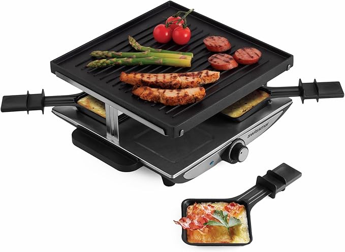 Swissmar Geneva Raclette Grill with Reversible Cast Aluminum Grill Top - Perfect for outdoor & Indoor Electric Raclette Grill & Griller - Barbeque Bonding - 4-Person