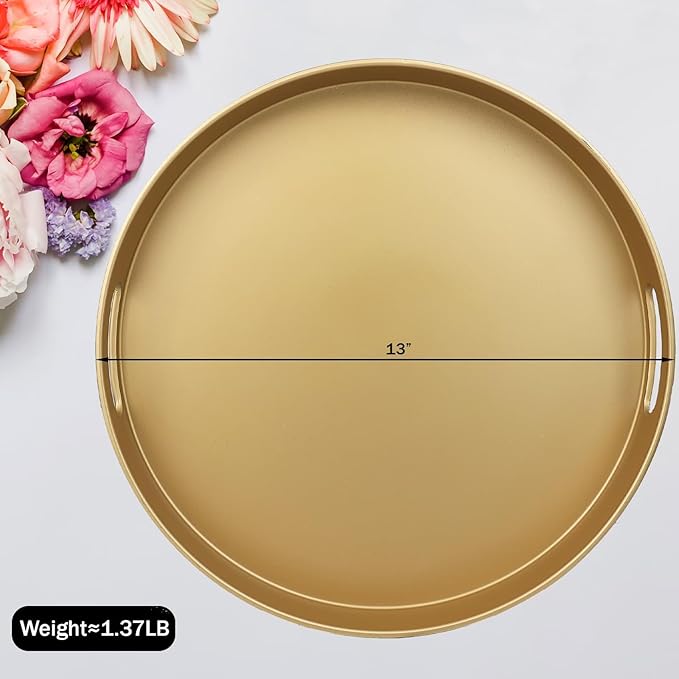 Round Gold Decorative Serving Tray with Handles, 13” Versatile Ottoman Tray for Coffee Table, Entertaining, Outdoor Patio, Living Room