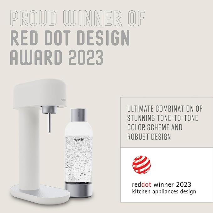 Mysoda Ruby 2 Carbonated Water Machine - Silent and Long-Lasting Aluminium Soda Maker with 1L Water Bottle - Without CO2 Cylinder - White