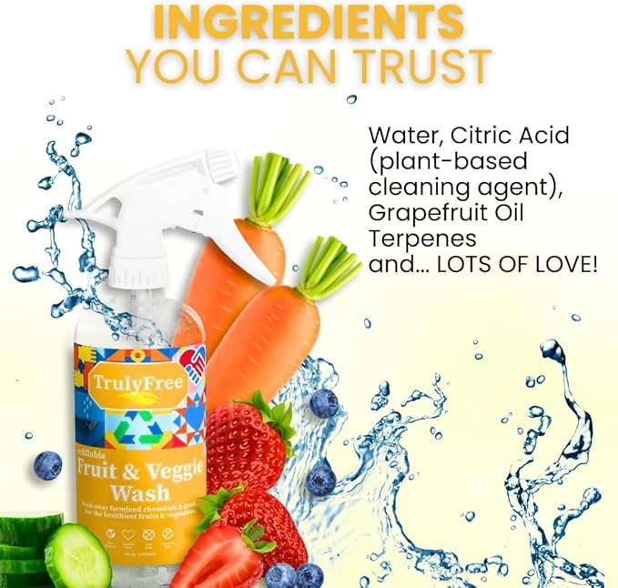 Truly Free Fruit and Vegetable Wash Refills | Veggie Wash Removes 99% Dirt & Wax | Plant-Based Produce Cleaner Spray | No Aftertaste, Made in USA | Fragrance-Free, 16oz (Pack of 3)