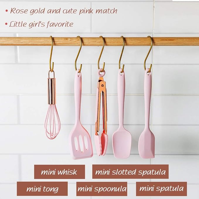 Collfa Rose Gold And Pink Kitchen Utensil Small Five-Piece Set Mini Silicone Kids Kitchen Tools Whisk Spatula Tongs Spoon And Slotted Spatula(Kids Baking Supplies)