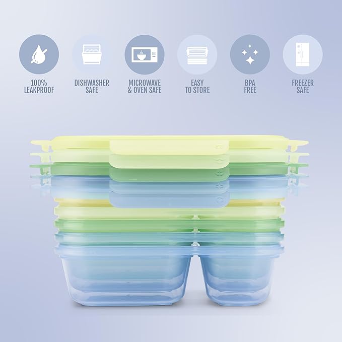Ello Snap & Nest 10-Piece 3 Cup Plastic Divided Meal Prep Set, Reusable Food Containers for Healthy Eating, Freezer, Dishwasher Safe, Seafoam