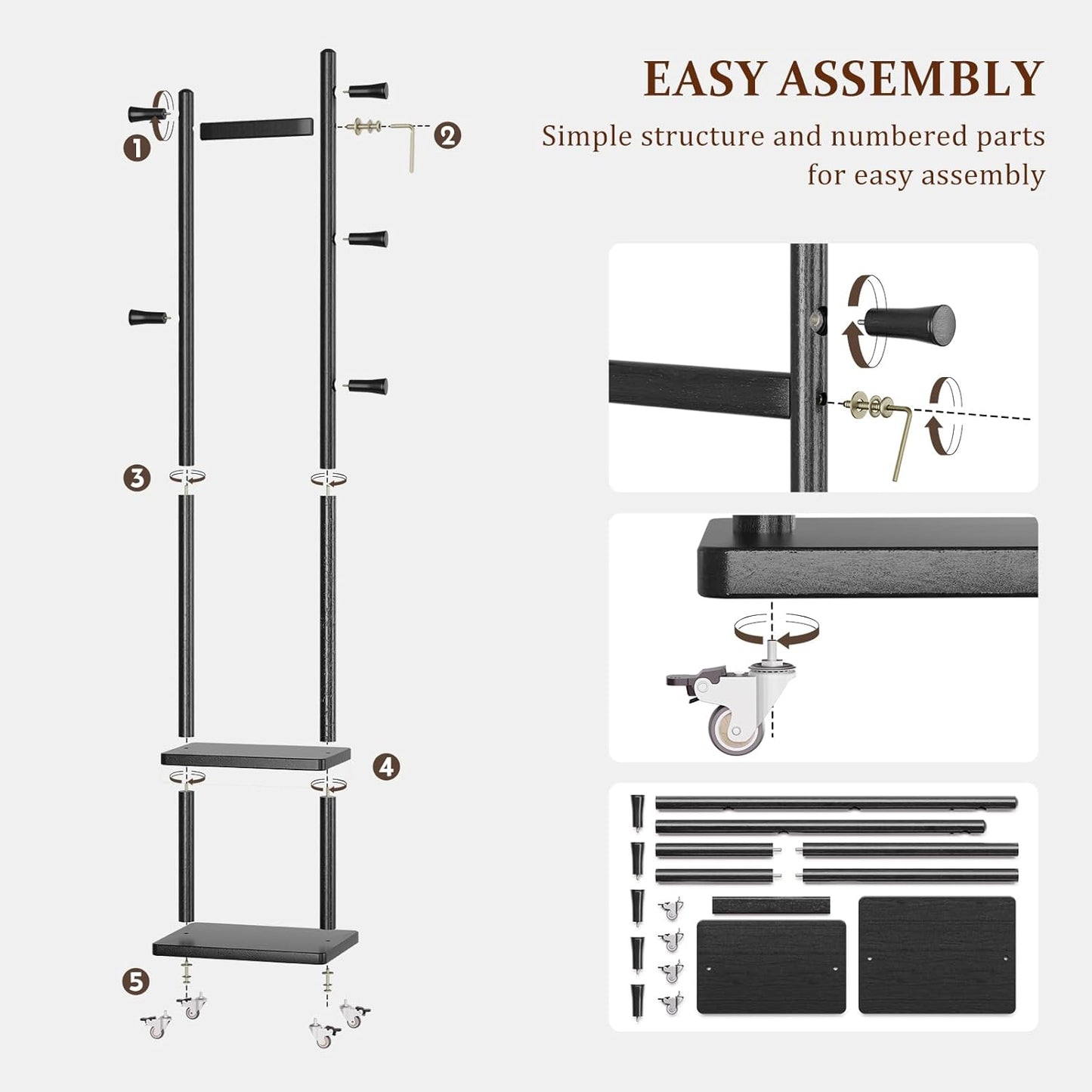 Solid Wood Coat Rack Freestanding Clothing Rack with Wheels & 2 Shelves Storage & 5 Hooks Heavy Duty Clothes Rack Wood Coat Tree Stand Hat Hanger Rack for Corner Bedroom Entryway Living Room Hotel