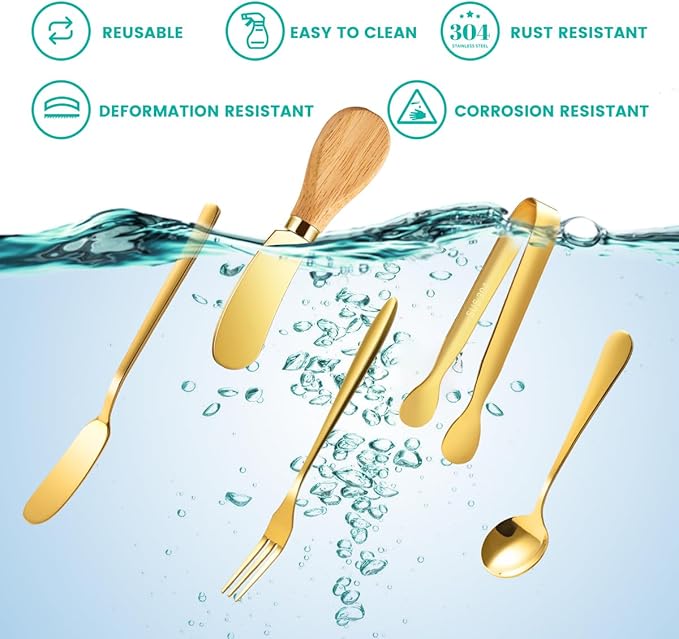 Charcuterie Board Accessories With 3 Oz Ceramic Dip Bowls, Wooden Handle Gold Cheese Spreader Butter Knive Set Kit, Mini Tongs, Spoons, Forks,Honey Dipper, Cocktail Picks
