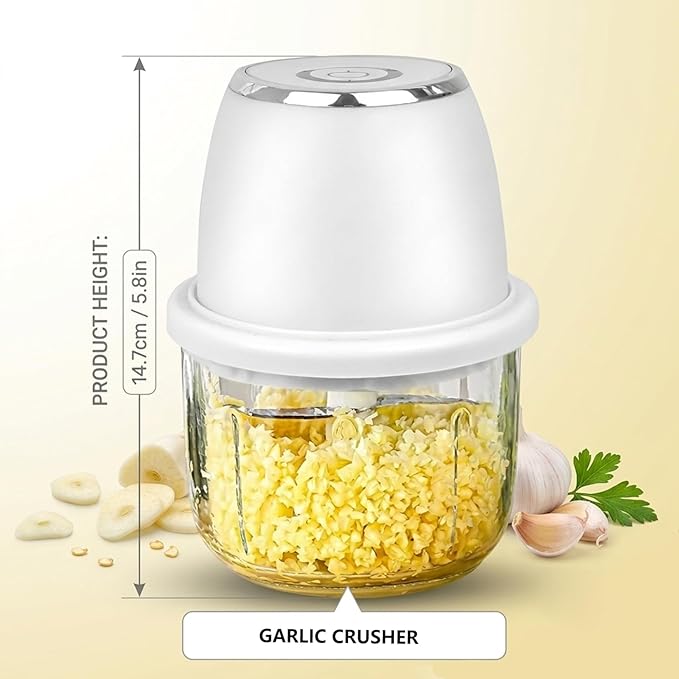 Electric Garlic Chopper, 350ml Mini Food Chopper with 6 Stainless Steel Blades & Thickened Glass, Cordless Mini Food Processor for Garlic, Ginger, Herbs - Easy Clean, Powerful Motor (White)