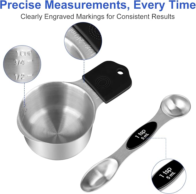 Magnetic Measuring Cups & Spoons Set, Strong N45 Magnets, Heavy Duty Stainless Steel Fits in Spice Jars for Baking & Cooking, BPA Free, Round Set of 15 with Leveler,Dark Black