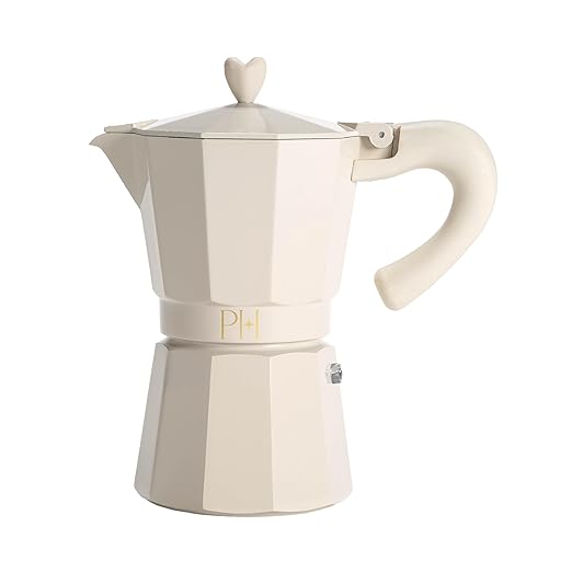 Paris Hilton Stovetop Espresso and Coffee Maker, Italian & Cuban Style Coffee Pot with Iconic Heart Knob, Perfect for Rich Aromatic Espresso, Makes up to 6 Espresso Cups, Cream