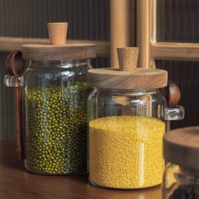ANSQU Set of 2 Glass Food Storage Jars with Bamboo Wood Lid and Spoon, 20.3oz Glass Kitchen Canisters for Coffee, Tea, Cereal, Spice and Canning, Mason Jars, Gratitude Jar for Mother' Day