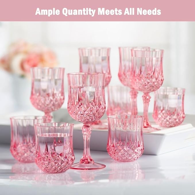 Plastic Wine Glasses, Plastic Goblets Vintage Style Cordial Unbreakable Drinking Glasses, Reusable Drinkware for Wedding Reception, Grand Event Party Supplies (100, Pink)