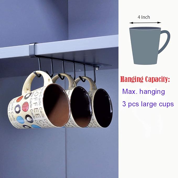AliCH 2pcs Mug Hooks Under Cabinet Mug Holder Rack,Nail Free Adhesive Coffee Cups Holder Hanger for Cups/Kitchen Utensils/Ties Belts/Scarf/Keys Storage, Fit for 0.8inch Thickness Shelf or Less (Black)