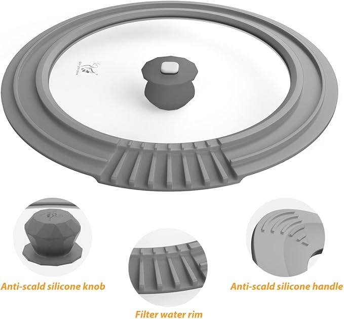 Tempered Strainer Lid for Stockpot Pot Pasta Soup Pot with Heat Resistant Silicone Rim Glass Universal Pan Lids Pour Spout Water Oil Microwave Safe Fit 6.5-7-7.5-8 inch and 10-10.5-11-11.5-12 inch