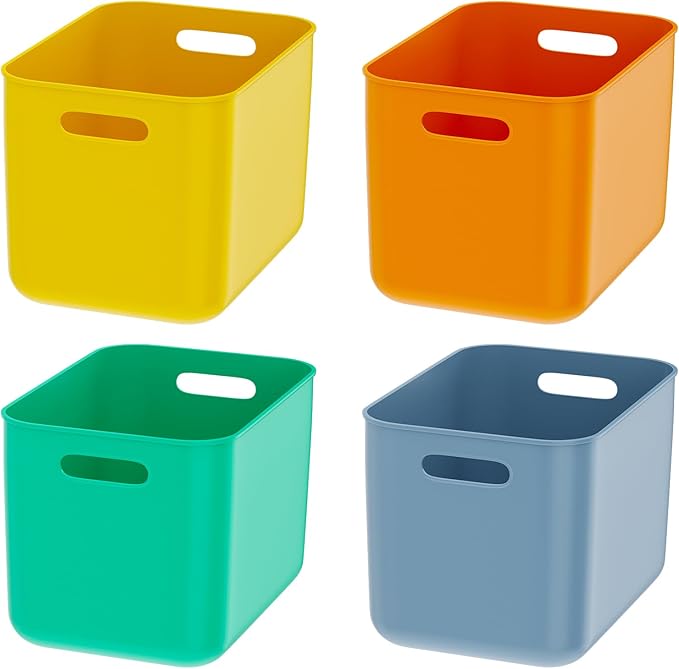 OWill 4-Pack 22L Plastic Storage Bins and Baskets for Efficient Home Classroom Organization – Multiple Colors containers for Kitchen, Cupboard Box, Bathroom Organizer on Shelves and Tubs