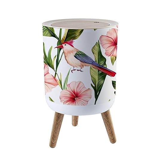 Trash Can with Lid Seamless floral summer pattern tropical palm leaves hummingbirds Press Top Round Small Garbage Bin with Wooden Legs Waste Basket for Kitchen Bedroom Nursery 7L/1.8 Gallon