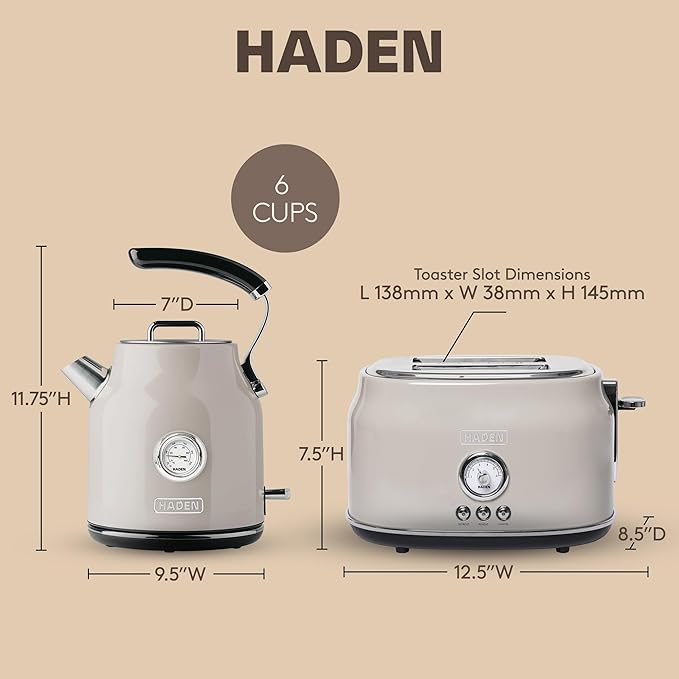 Haden Dorset 2 Slice Wide Slot Stainless Steel Toaster Bundled with 1.7 Liter Stainless Steel Electric Kettle with 360-Degree Base, Putty & Chrome