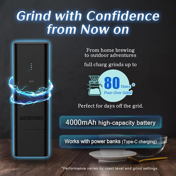 Femobook-A2 Portable Electric Coffee Grinder, Cordless Burr Grinder USB Rechargeable Coffee Grinder Magnetic Grounds Cup Travel & Home Brewing, Black