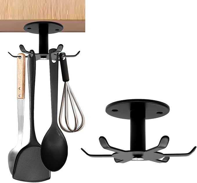 Zorfeter Under Cabinet Kitchen Utensil Hooks, Stainless Steel Utensil Racks 360°Rotating Drilling Free Adhesive Utensils Hanging Rack Holder, Black