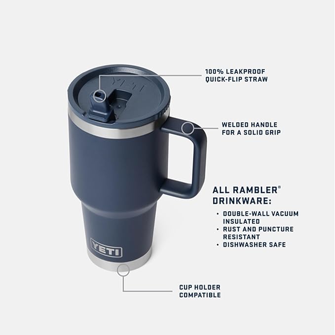 YETI Rambler 30 oz Travel Mug with Flip Straw Lid – Stainless Steel, Vacuum Insulated, Leakproof, Cup Holder Friendly
