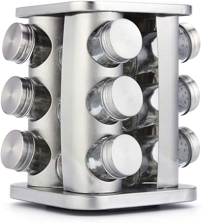 Rotating Spice Rack Organizer with 12 Jars - Revolving Standing Seasoning Tower with 12 Glass Bottles for Countertop Kitchen Cabinet, Stainless Steel, Silver