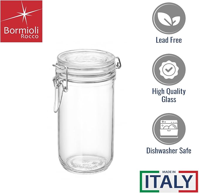 Bormioli Rocco Fido Cylinder 25.25 oz Airtight Glass Jar (Set of 2) - BPA-Free, Dishwasher & Microwave Safe - Clear Canister Ideal for Food Storage, Canning, Fermentation, Home Kitchen Organization