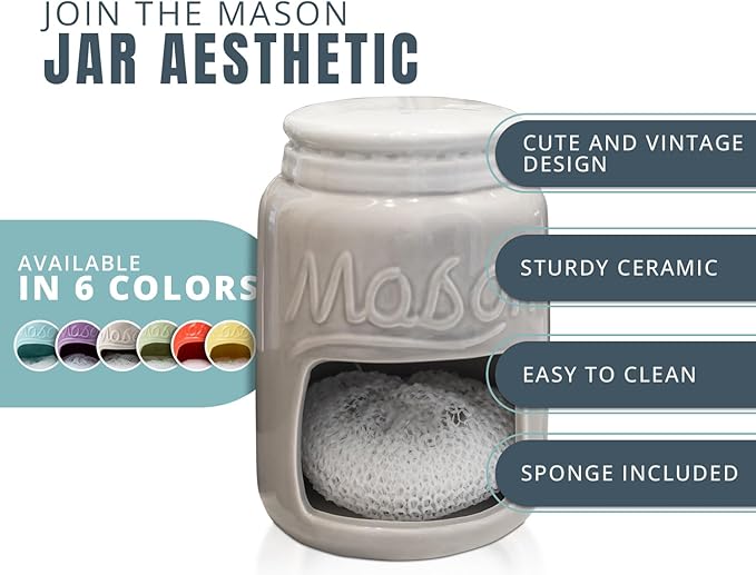Comfify Ceramic Kitchen Sponge Holder - Farmhouse Style Sink Caddy - Mason Jar Decorative Kitchen Accessory - Country Rustic Sink Decor - Includes Free Sponge - Grey