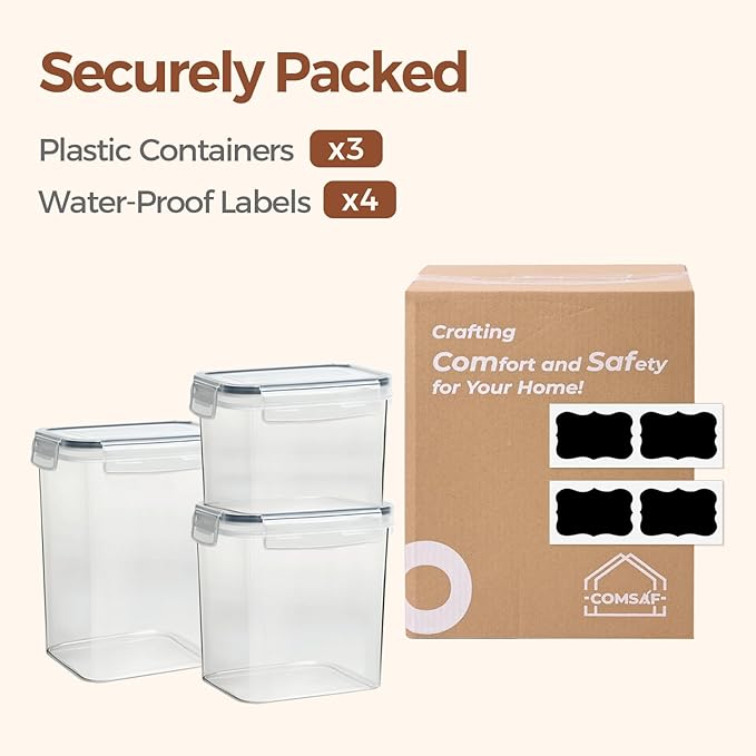 ComSaf Food Storage Containers with Lids Set of 3 (2L/2.1Qt) (1.4L/1.5Qt) (0.8L/0.8Qt), Airtight Food Storage Container, Plastic Canister Sets for Kitchen, Pantry Organizer for Sugar, Cereal and Snack