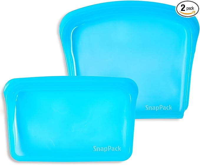 SnapPack Reusable Snack & Sandwich Bags, 2-Pack, 100% Pure Platinum Silicone, Dishwasher Safe, Heat‑Resistant, Freezer‑Safe and Sous‑Vide capable (Ocean Blue)