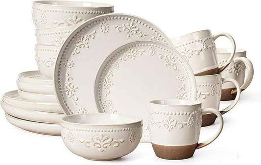 Artena Plates And Bowls Sets, 16 Pieces Dinnerware Sets, Dish Set For 4, Ceramic Kitchen Bowl And Plate Set, Embossed White Dishware Sets, Dishwasher & Microwave Safe (Damask Floral) (With Mugs)