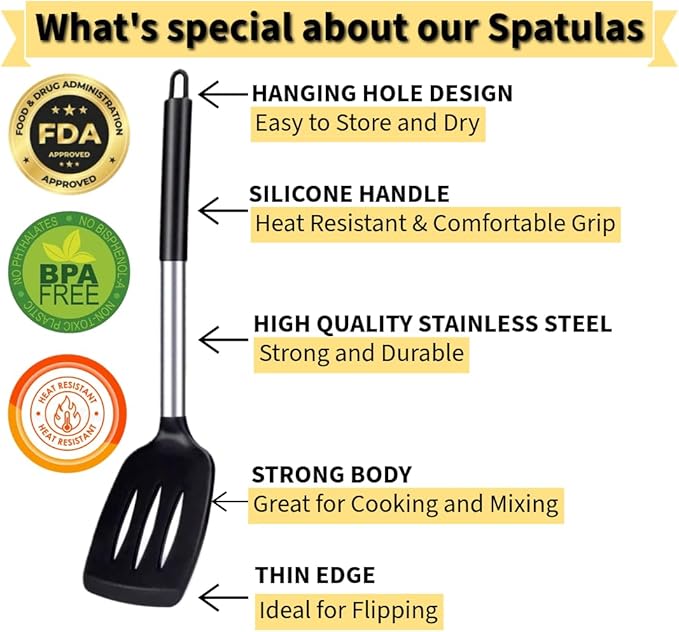 Silicone Kitchen Utensils Set, 4-Piece Non-Stick Cooking Tools, Large Spatulas with Pasta Fork and Ladle, Black